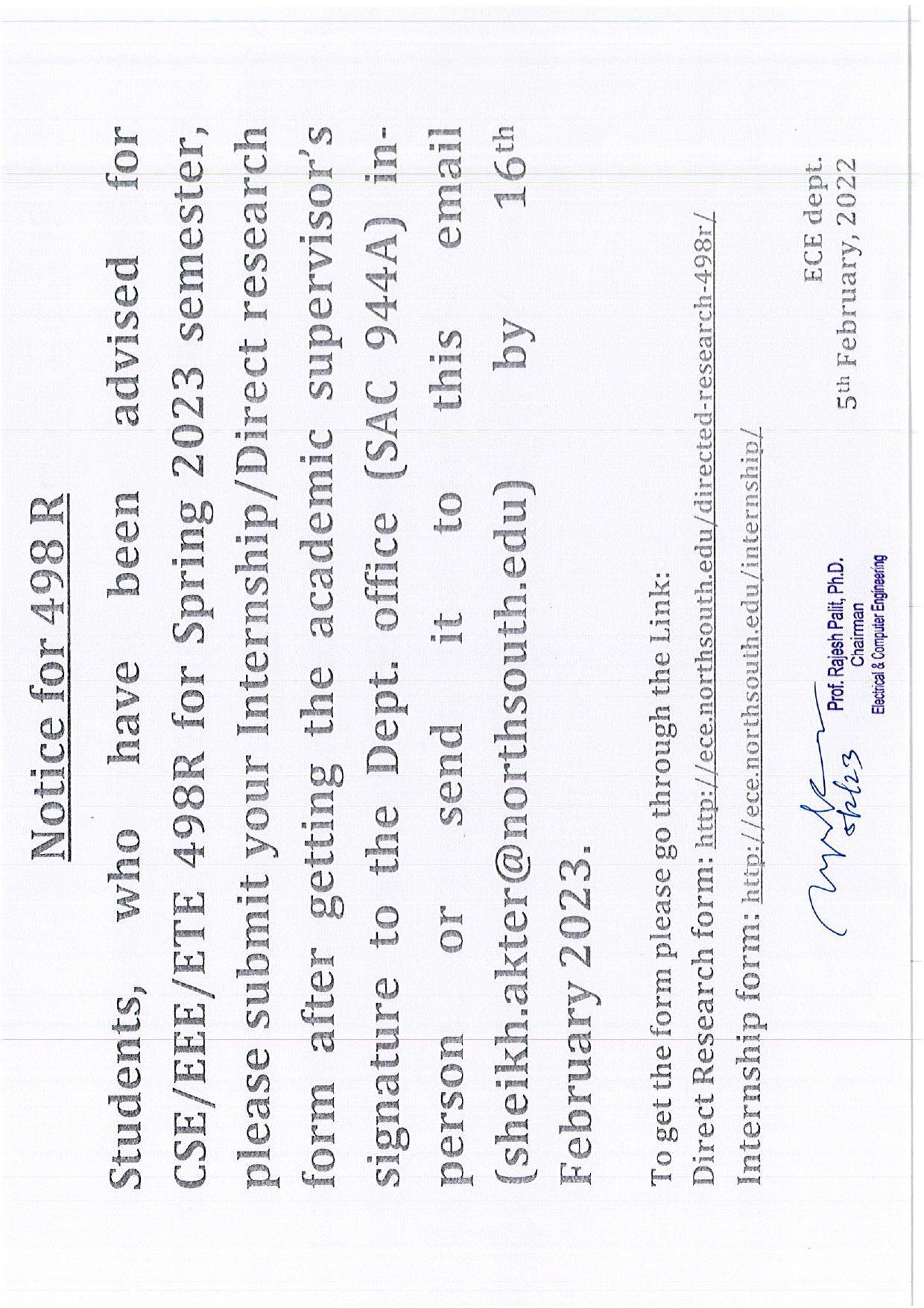 498R Notice SPRING 2023 Department Of Electrical And Computer 