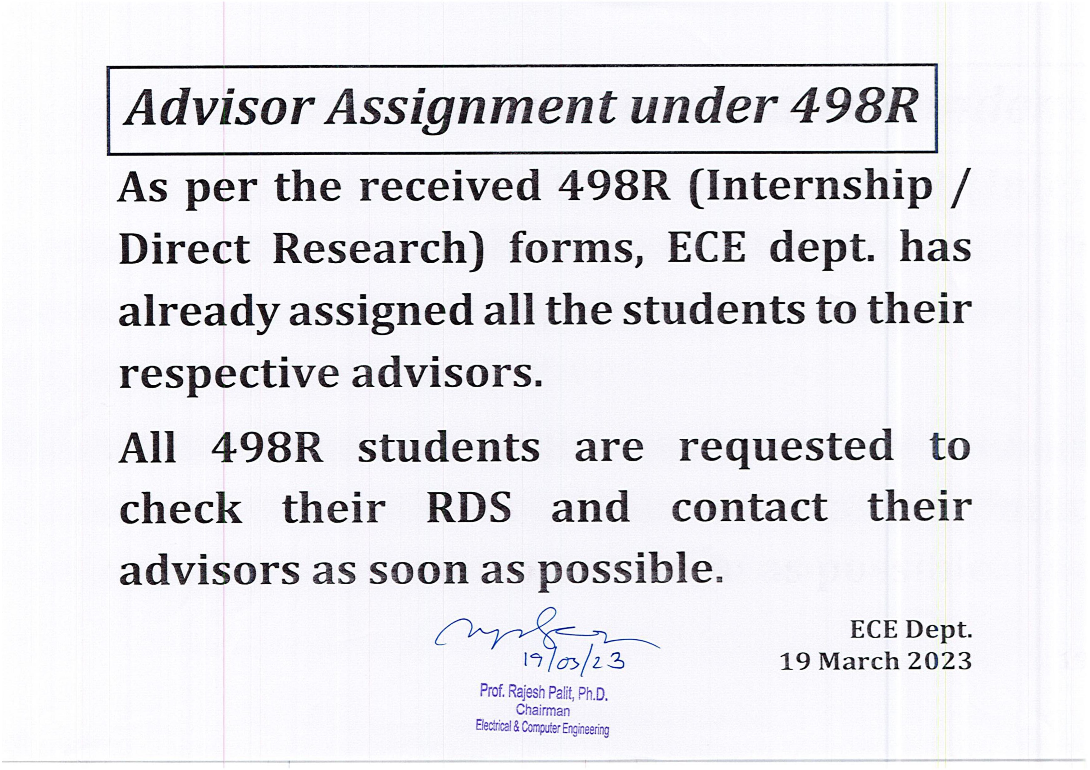 498R Advisor Assignment Notice – SPRING 2023