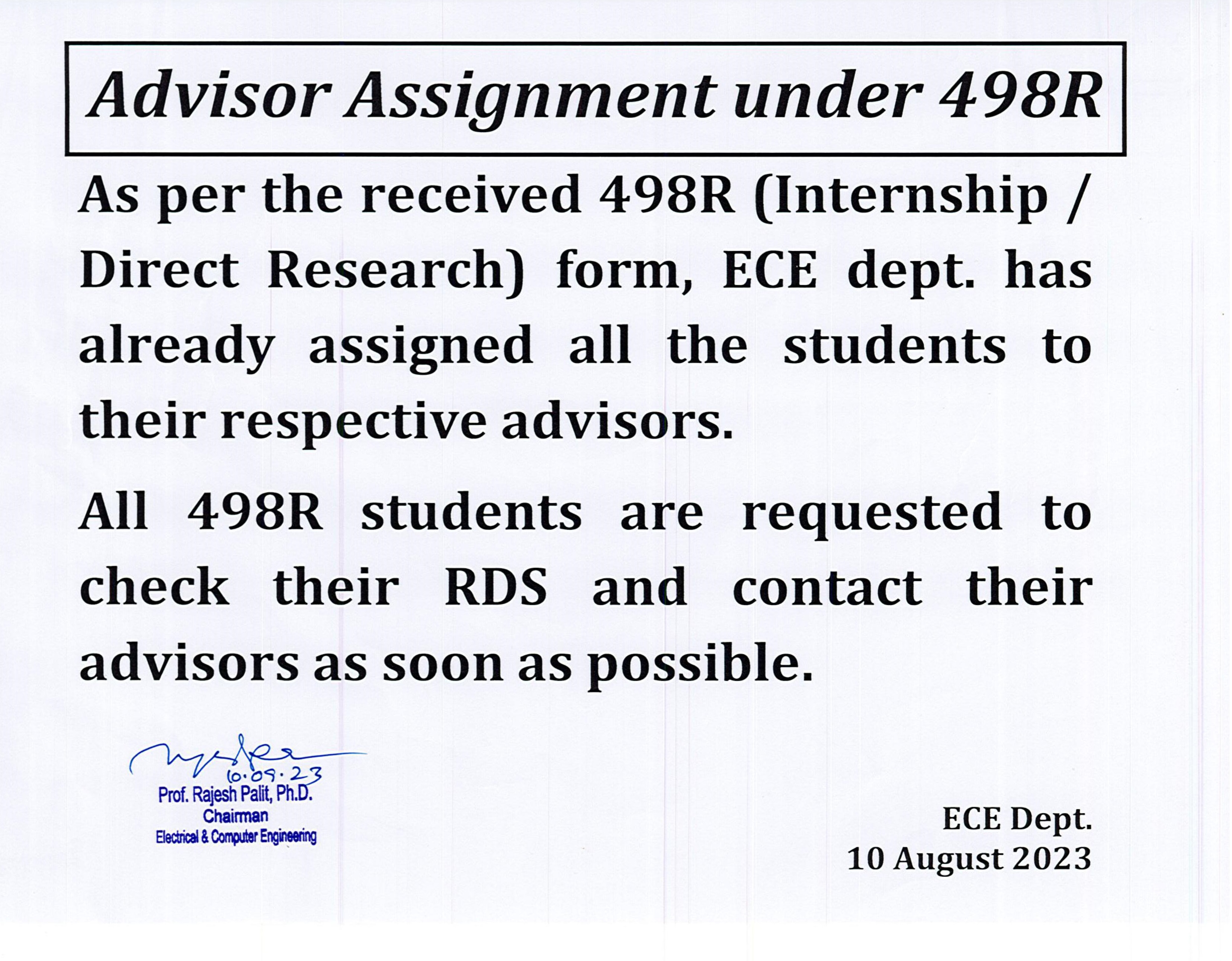 Advisor Assignment- 498R