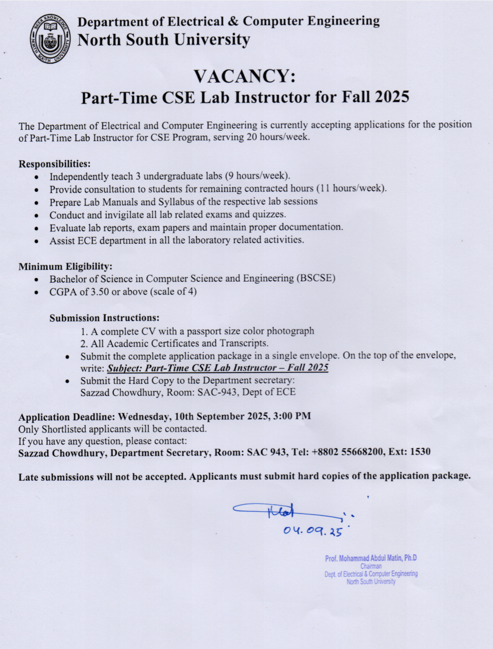 Part-Time CSE Lab Instructor for Fall 2025