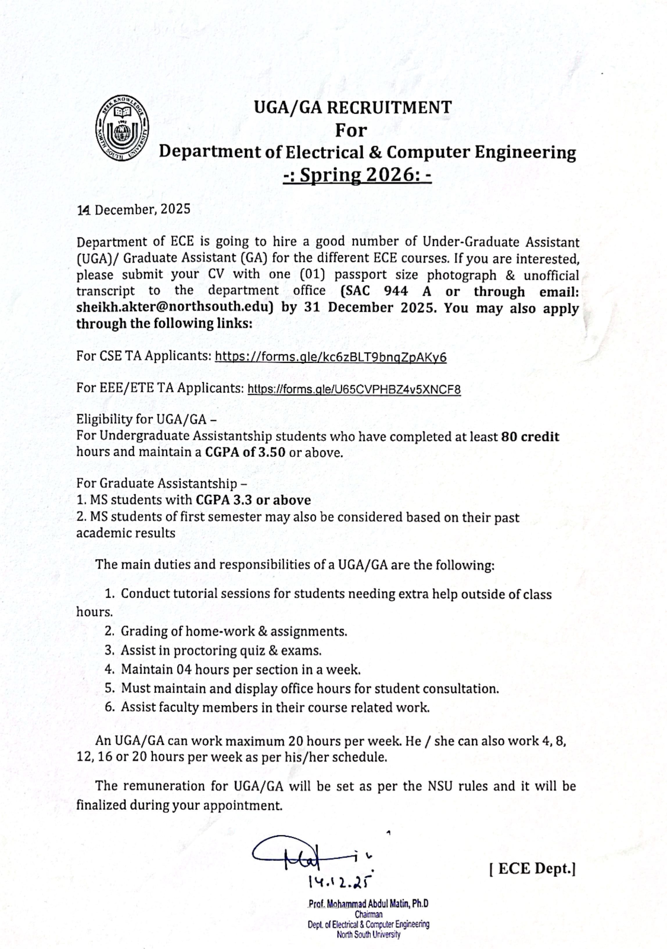 UGA/GA Recruitment for ECE Department SPRING 2026