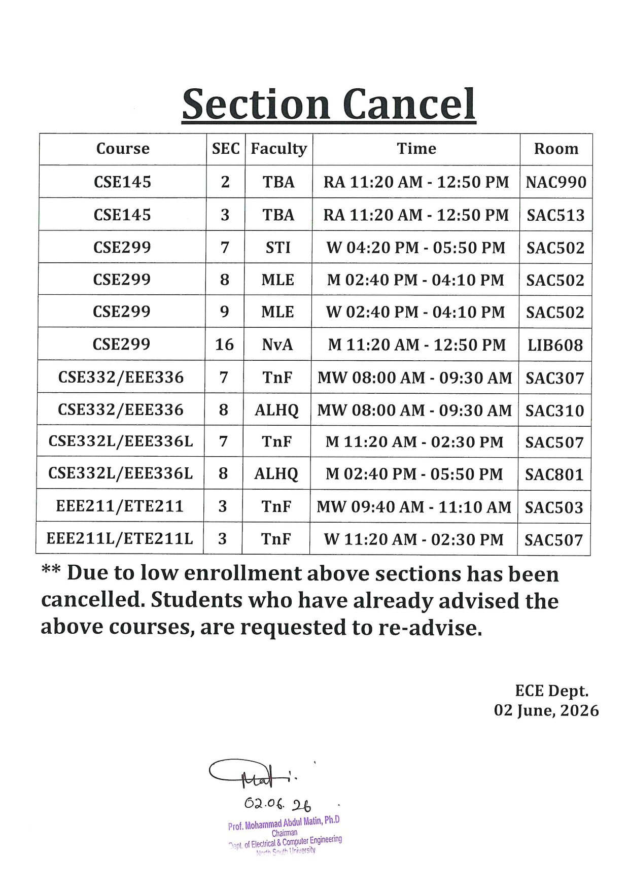 Section Cancel Notice- Summer 2026