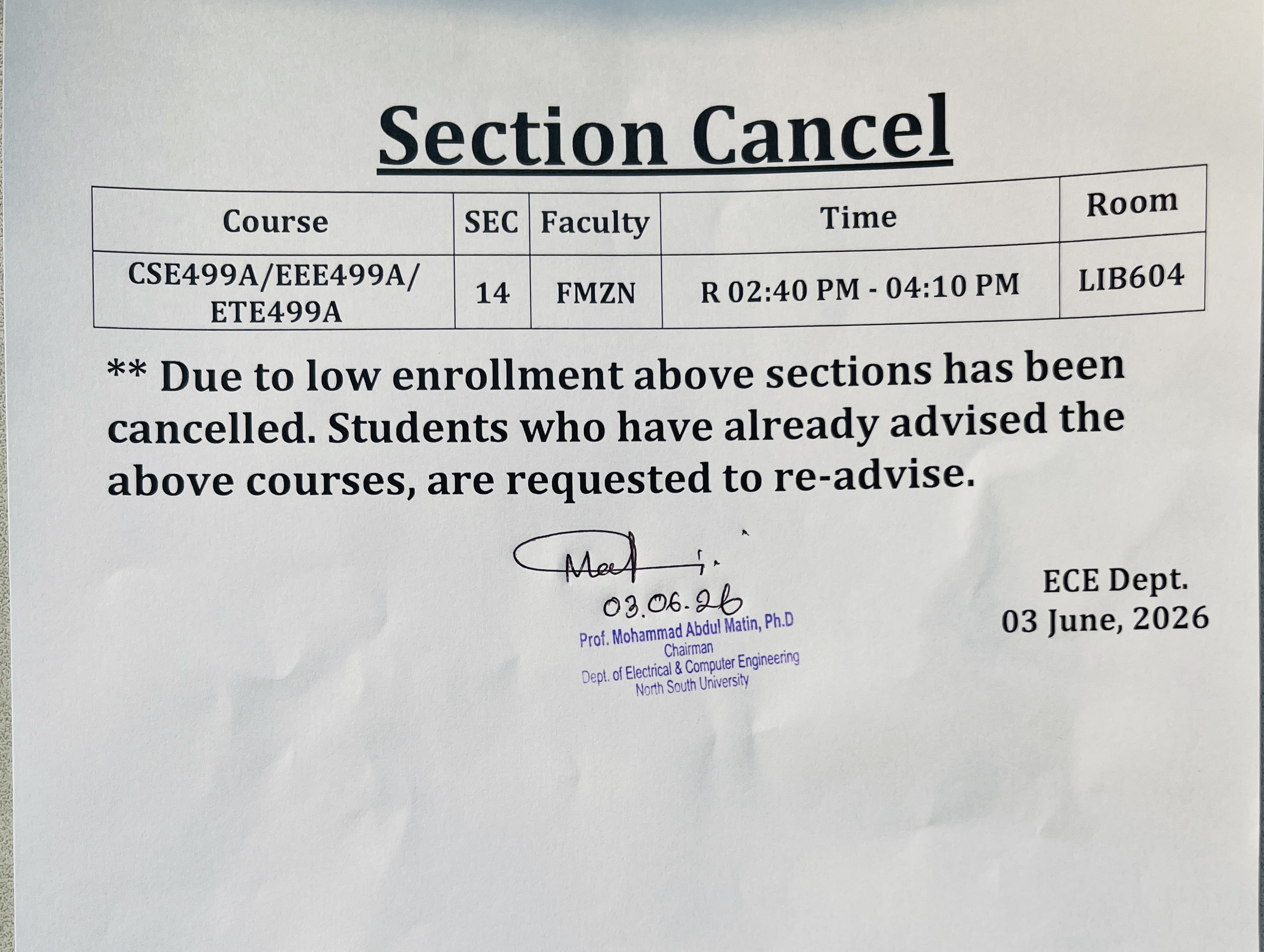 Section Cancel Notice- Summer 2026